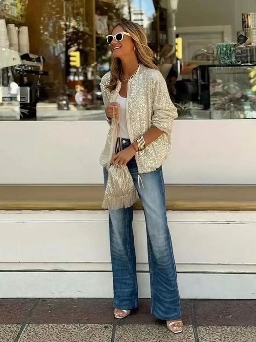 Sequin Zip Up Long Sleeve Jacket - Byyde