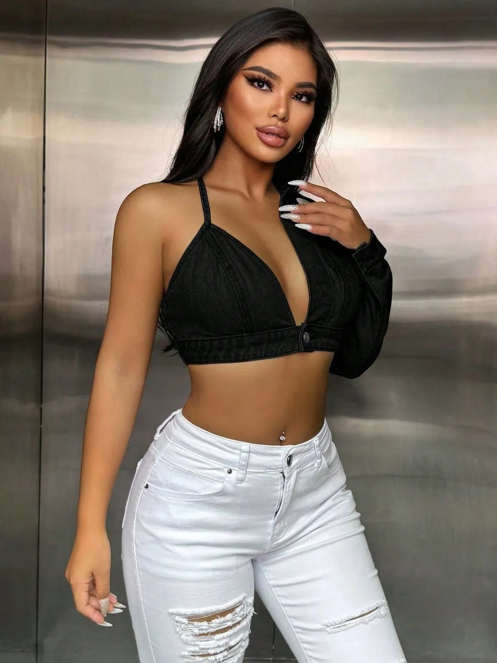 One Shoulder Long Sleeve Cropped Denim Top - Byyde