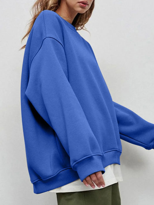 Round Neck Dropped Shoulder Long Sleeve Sweatshirt - Byyde
