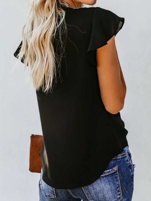 V-Neck Tie-Front Flutter Sleeve Blouse - Byyde