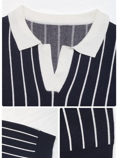 Stripe Contrast Collar Long Sleeve Knit Top - Byyde