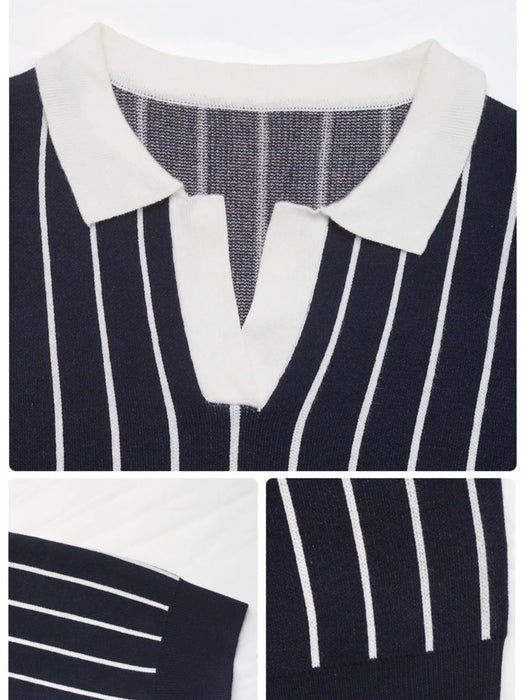 Stripe Contrast Collar Long Sleeve Knit Top - Byyde