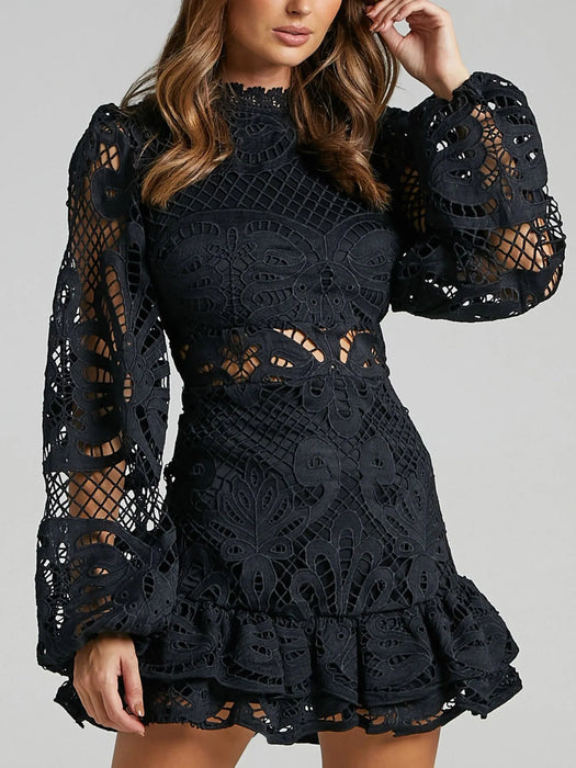Lace Crochet Long Sleeve Mini Dress - Byyde