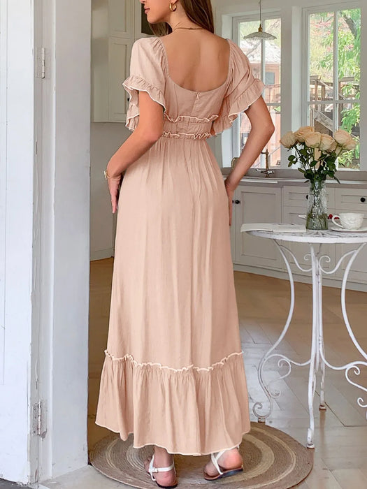 Square Neck Puff Sleeve Ruffle Trim Maxi Dress - Byyde