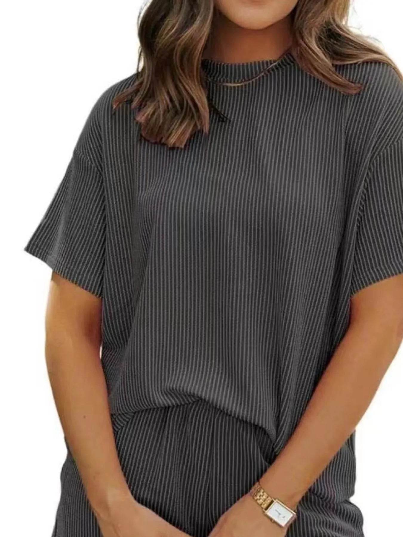 Full Size Ribbed Short Sleeve Top and Shorts Two-Piece Set Plus Size - Byyde