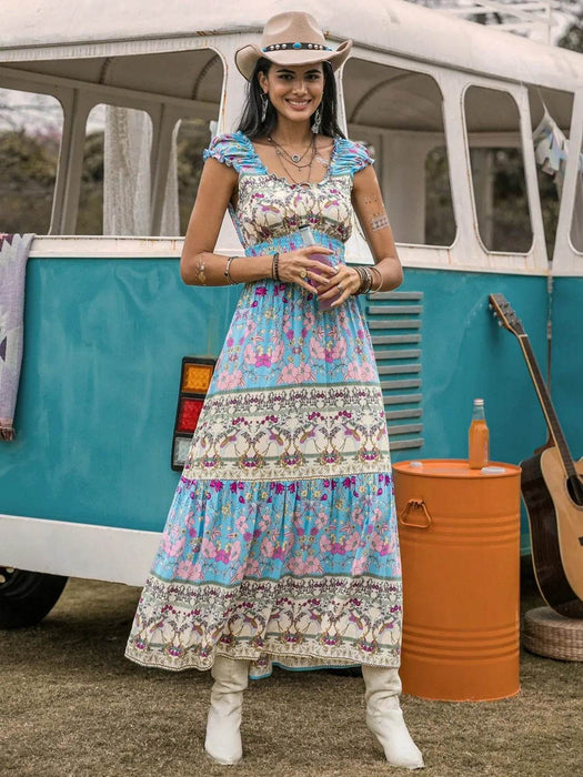 Frill Printed Cap Sleeve Dress - Byyde