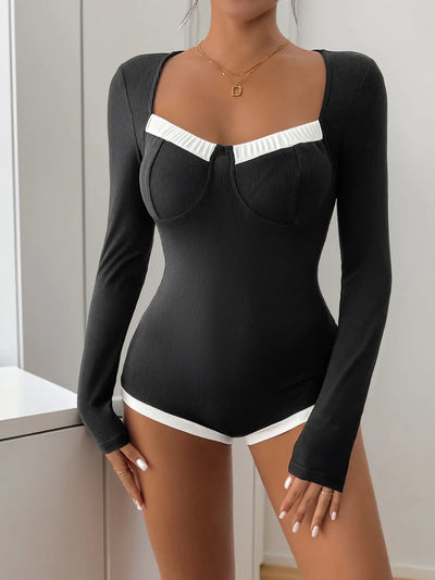Perfee Ribbed Contrast Long Sleeve Bodysuit - Byyde