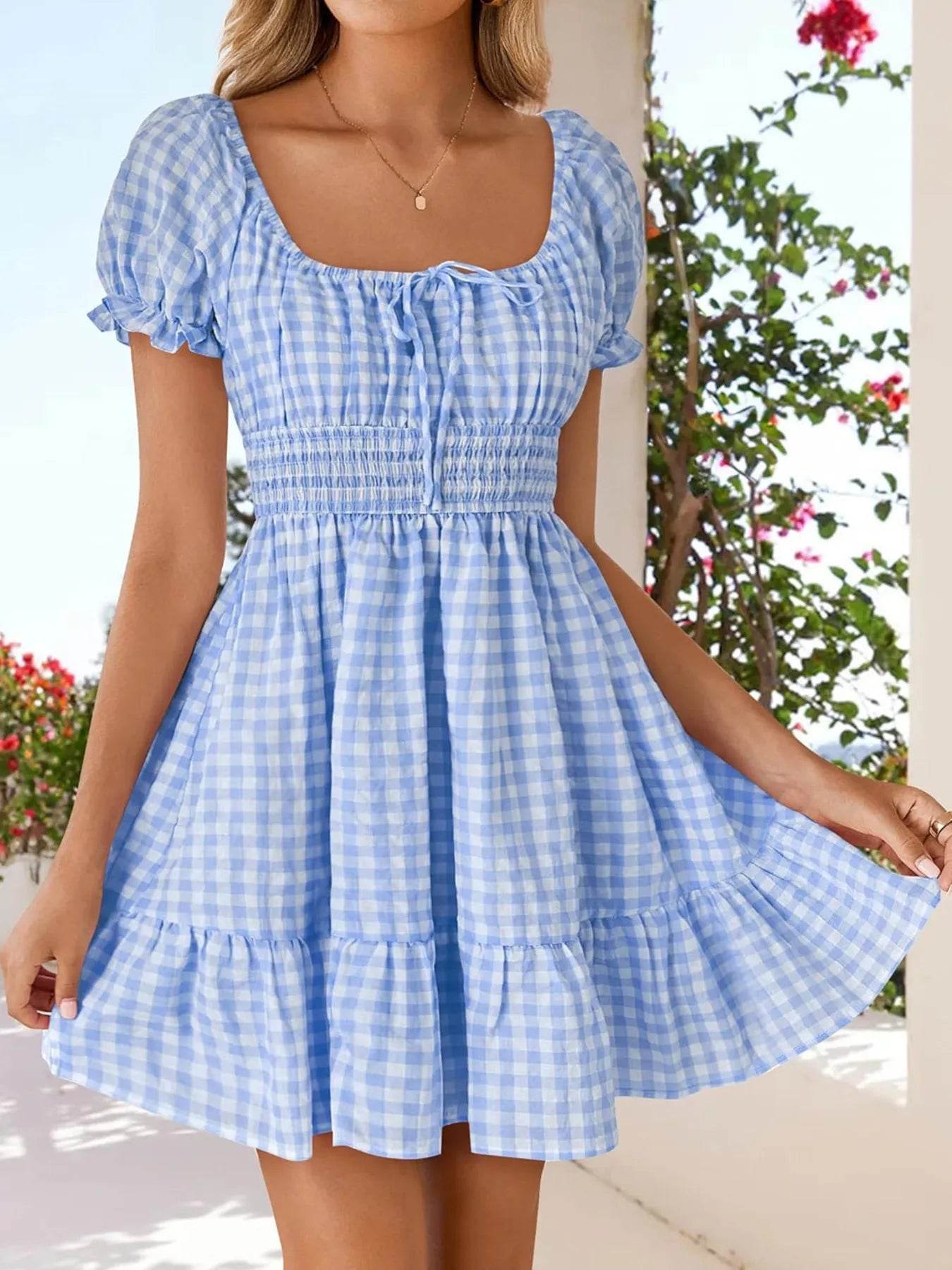 Gingham Smocked Puff Sleeve Summer Dress - Byyde