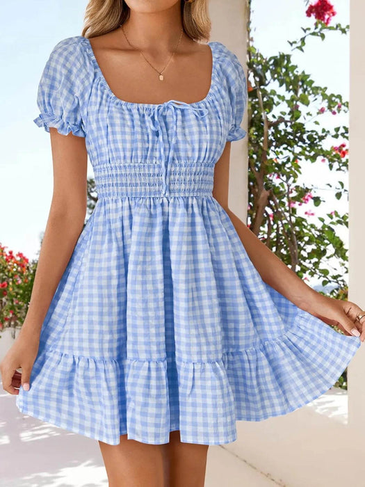 Gingham Smocked Puff Sleeve Summer Dress - Byyde