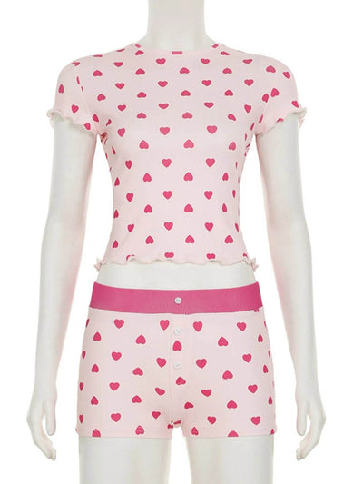 Heart Print Top and Shorts Loungewear Set - Byyde