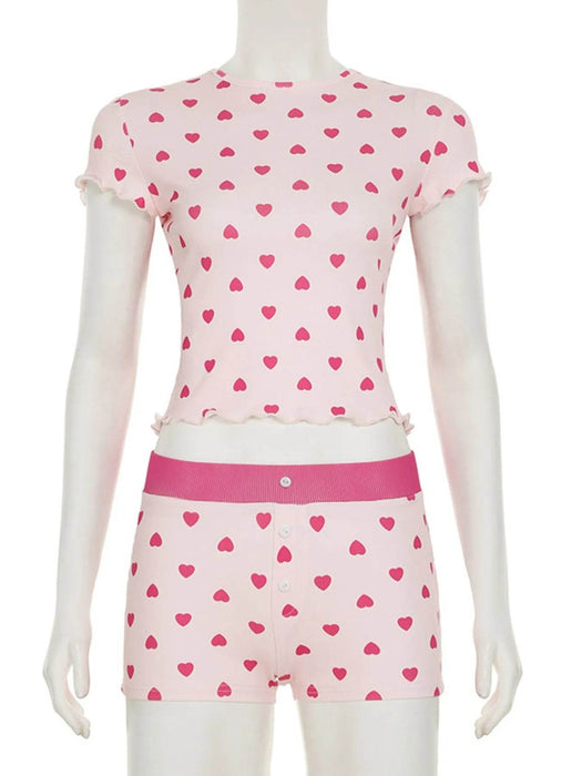 Heart Print Top and Shorts Loungewear Set - Byyde