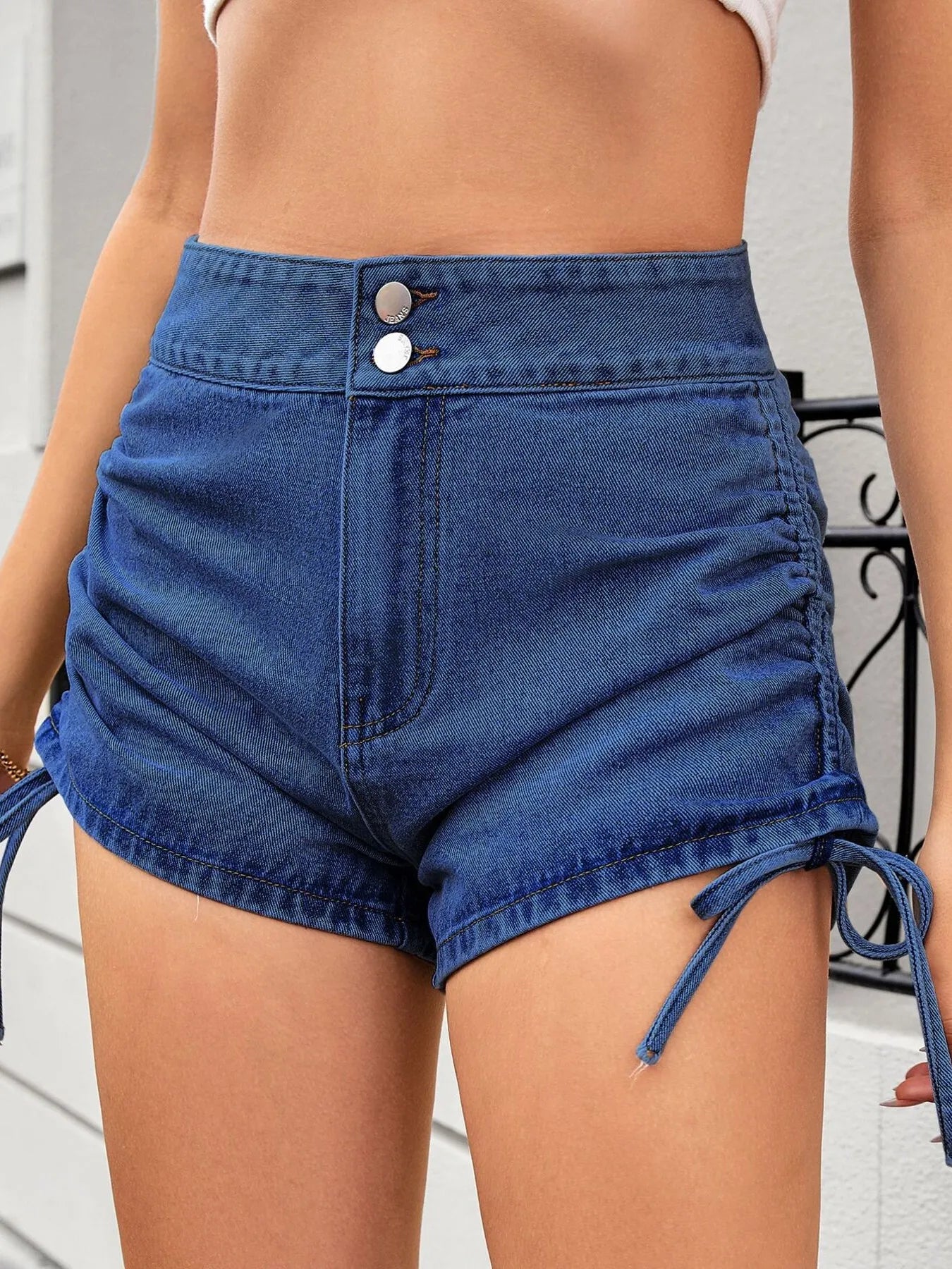 Ruched Side Drawstring Denim Shorts - Byyde