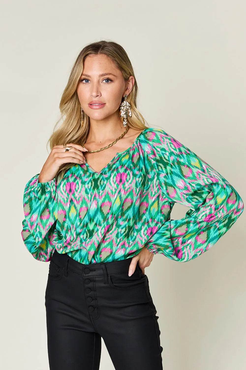 Double Take Full Size Printed Balloon Sleeve Blouse - Byyde