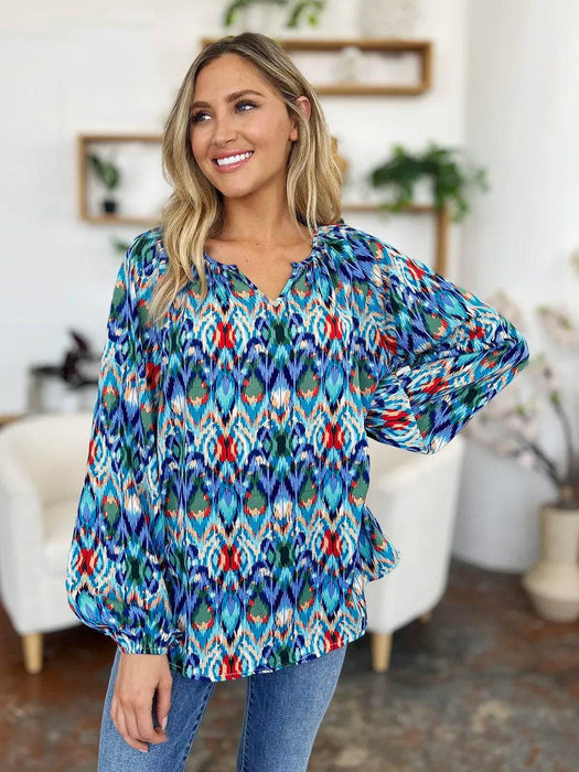 Double Take Full Size Printed Balloon Sleeve Blouse - Byyde