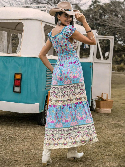 Frill Printed Cap Sleeve Dress - Byyde