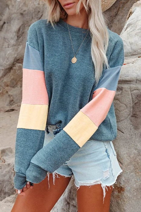 Color Block Round Neck Long Sleeve Sweatshirt - Byyde
