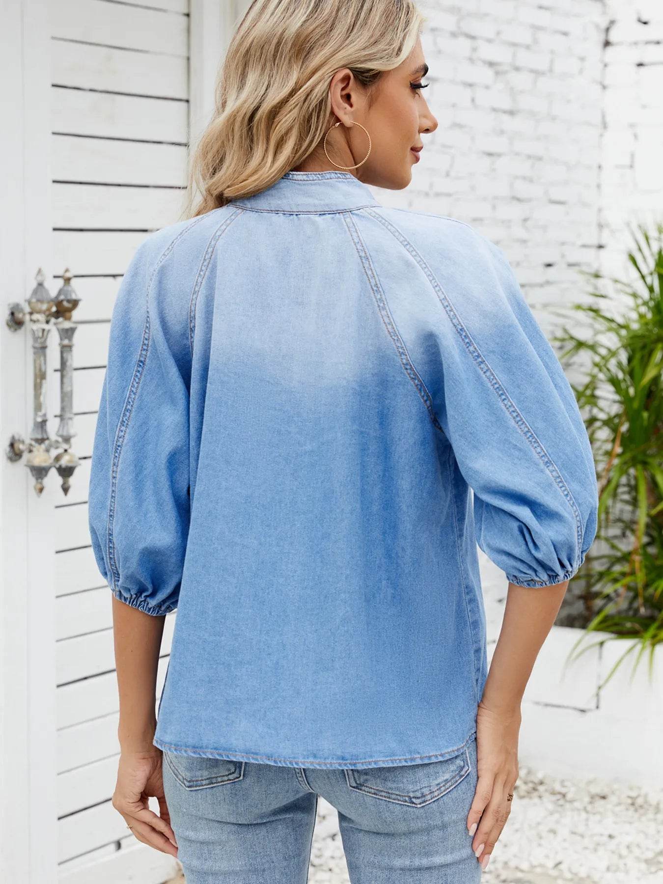 Denim Bow Tie Puff Sleeve Top - Byyde