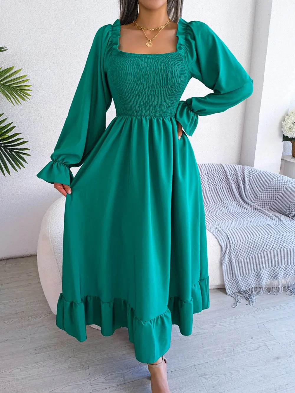 Smocked Square Neck Flounce Sleeve Dress - Byyde
