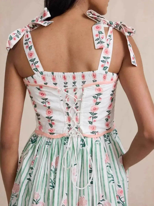 Floral Striped Maxi Cami Dress with Tie Straps - Byyde