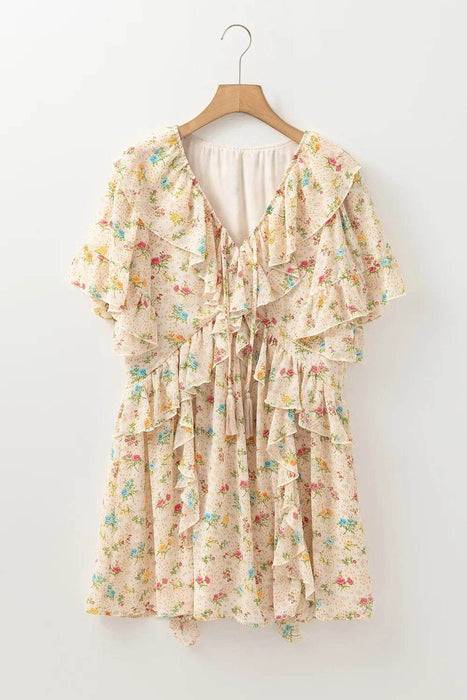 Boho Floral Tassel Tie V Neck Ruffle Wide Sleeve Mini Dress - Byyde