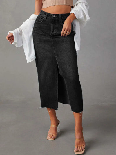 Raw Hem Front Slit Denim Midi Skirt - Byyde