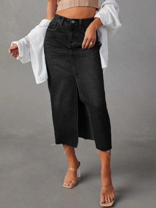 Raw Hem Front Slit Denim Midi Skirt - Byyde