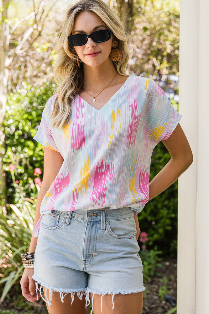 High-Low V-Neck Short Sleeve Blouse - Byyde