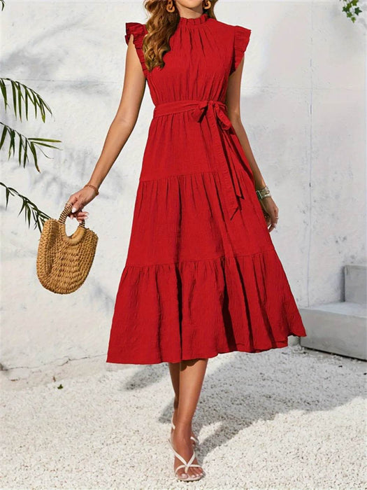 Frill Mock Neck Ruffled Cap Sleeve Midi Dress - Byyde