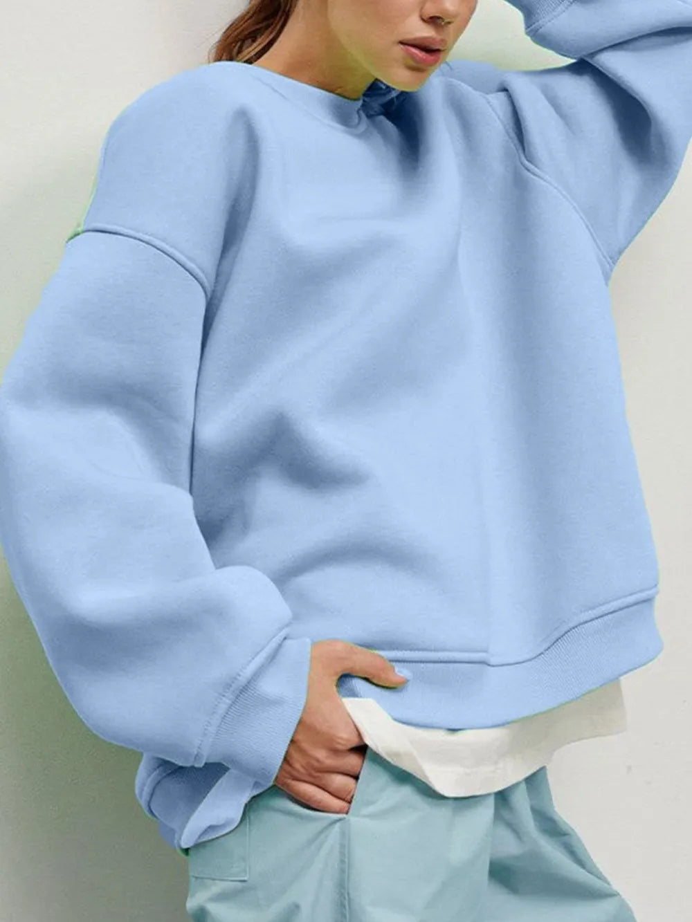 Round Neck Dropped Shoulder Long Sleeve Sweatshirt - Byyde