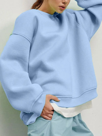 Round Neck Dropped Shoulder Long Sleeve Sweatshirt - Byyde