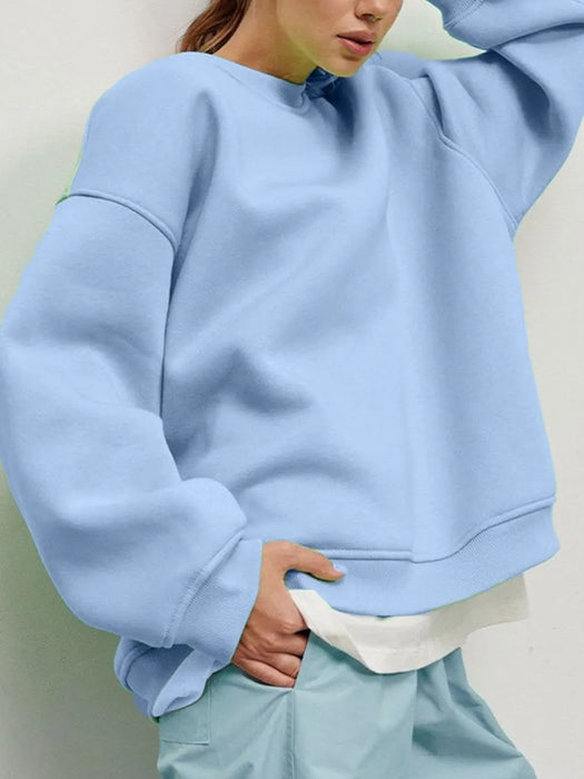 Round Neck Dropped Shoulder Long Sleeve Sweatshirt - Byyde