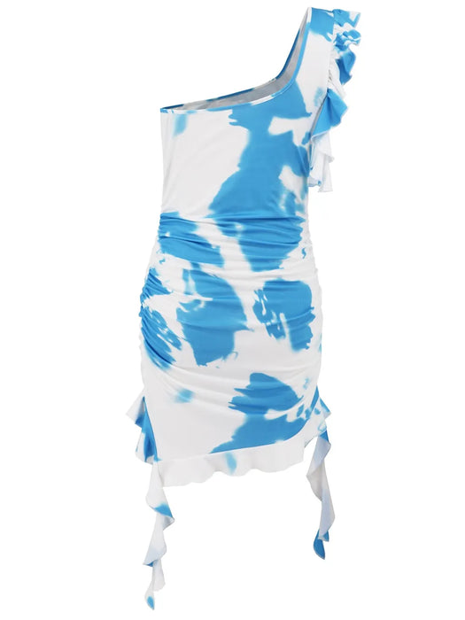 Ruffled Tie-Dye Single Shoulder Mini Dress - Byyde