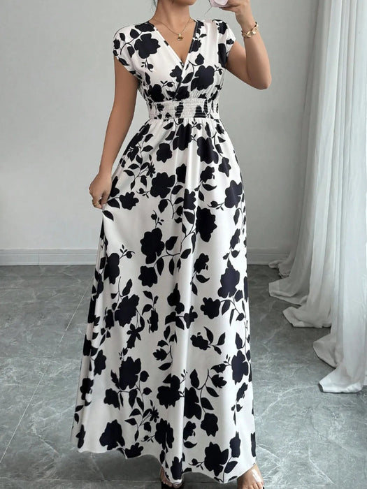Printed Surplice Cap Sleeve Maxi Dress - Byyde