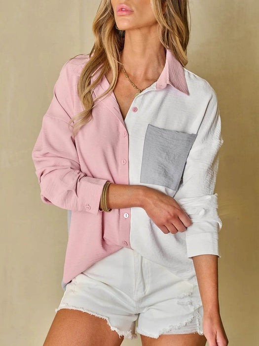 Color Block Oversized Button-Up Shirt with Chest Pocket - Byyde