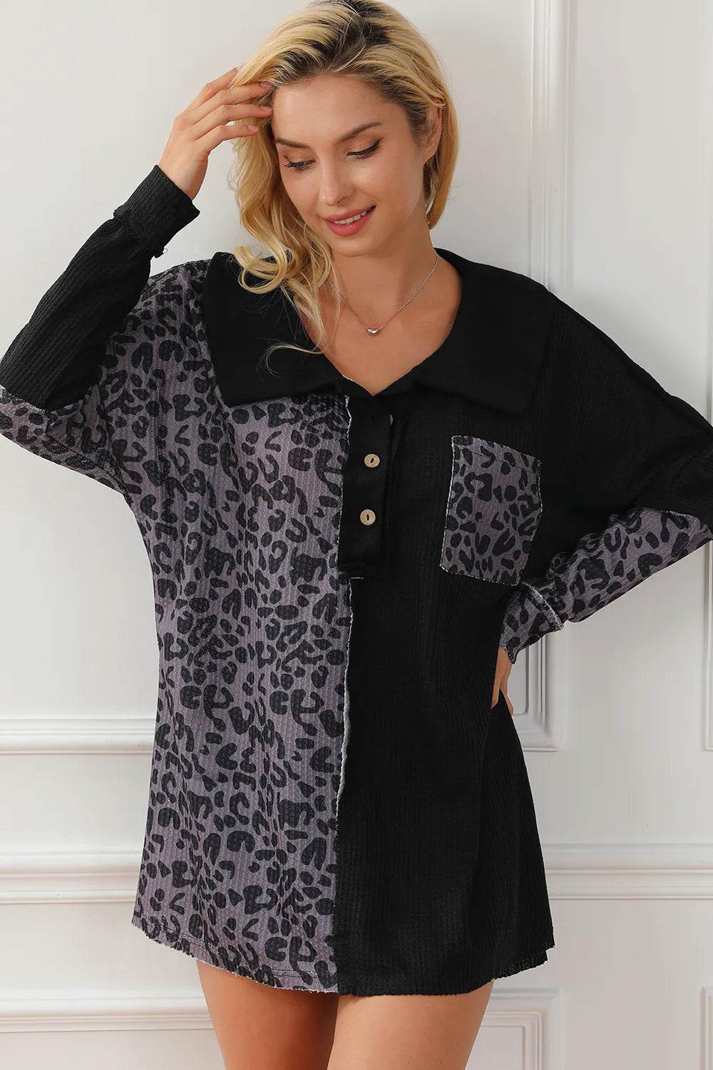 Half Button Leopard Collared Neck Blouse - Byyde