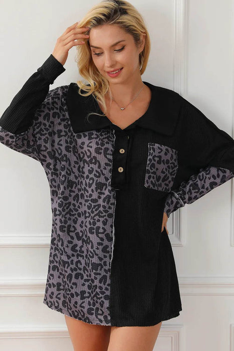 Half Button Leopard Collared Neck Blouse - Byyde