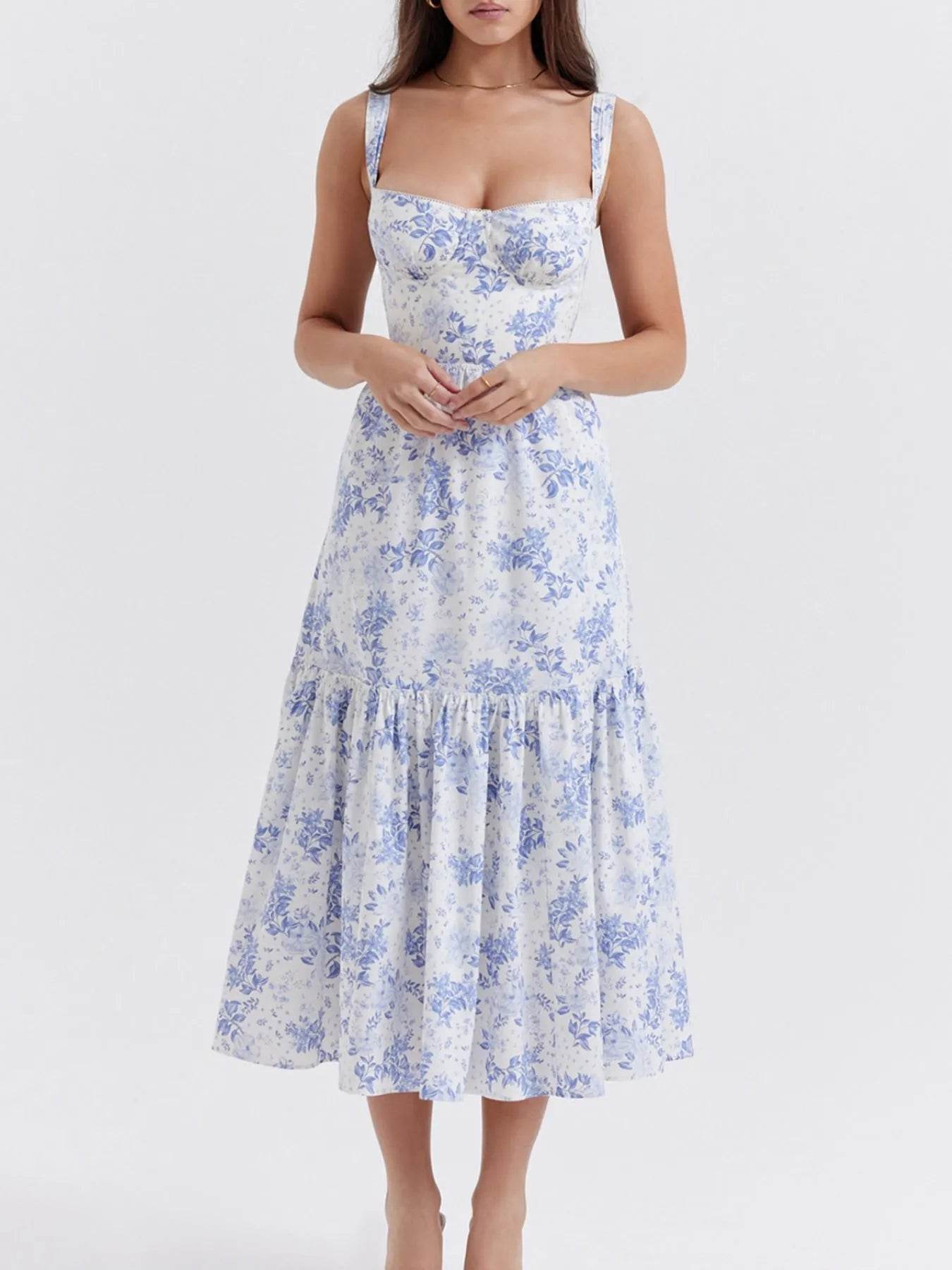 Floral Print Sweetheart Neck Midi Dress - Byyde
