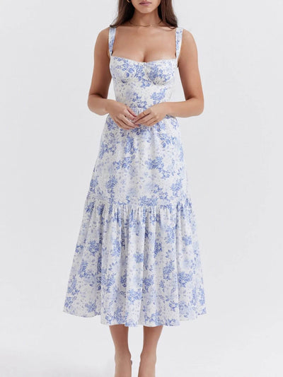 Floral Print Sweetheart Neck Midi Dress - Byyde