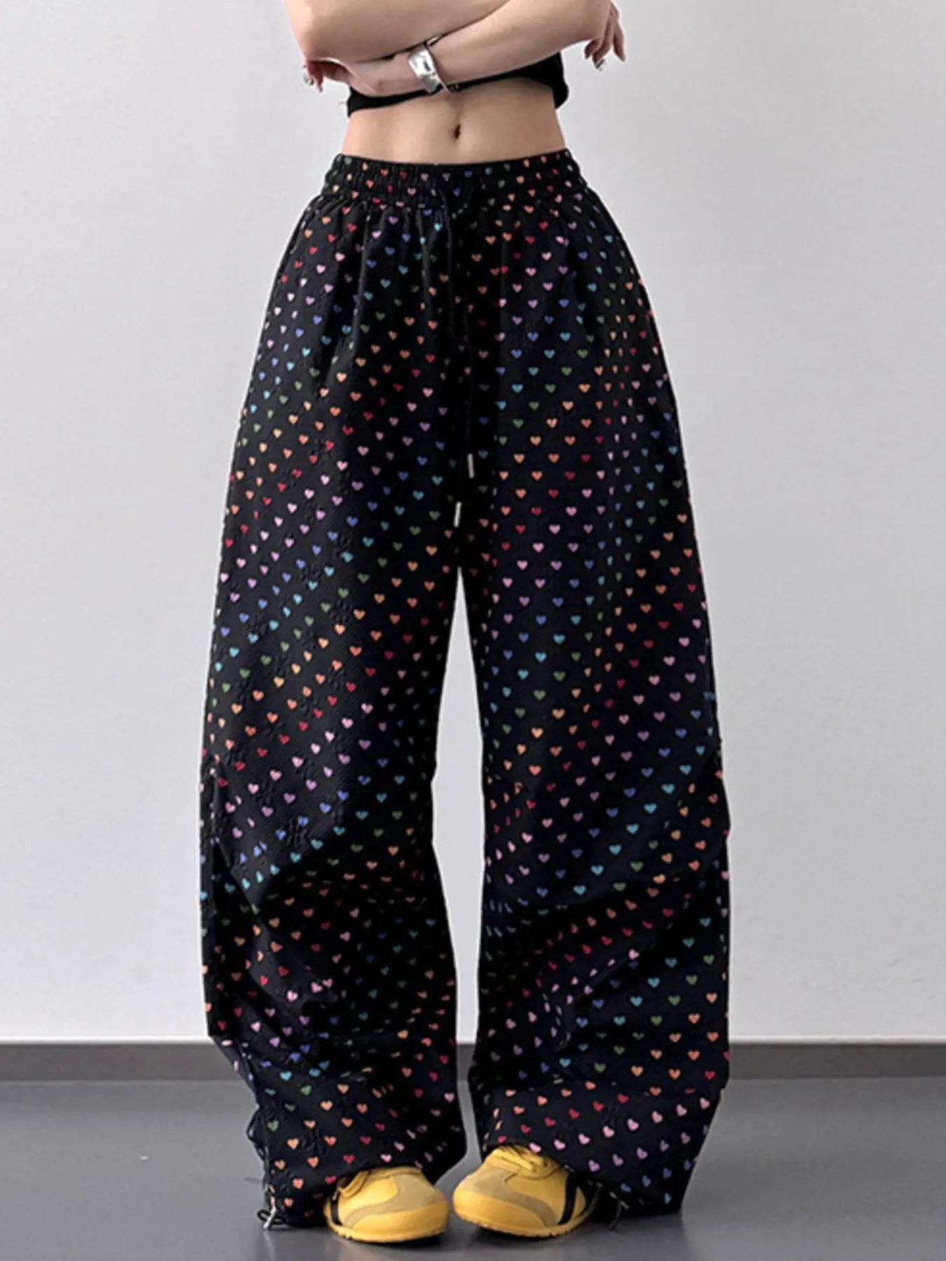 Heart Print Drawstring Wide Leg Pants - Byyde