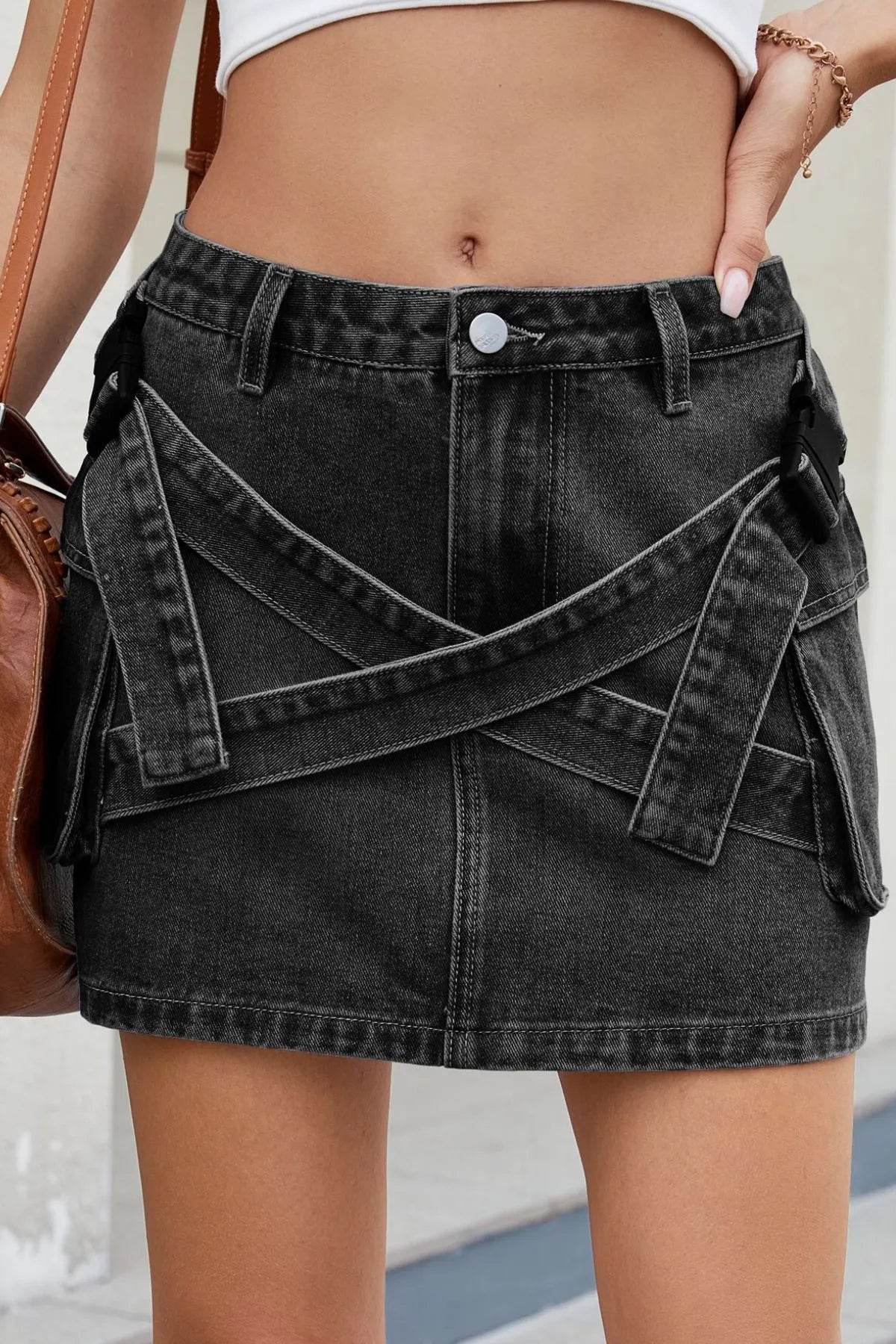 Criss-Cross Waist Detail Denim Mini Skirt - Byyde