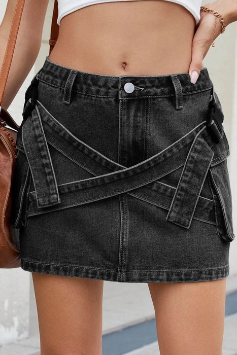 Criss-Cross Waist Detail Denim Mini Skirt - Byyde