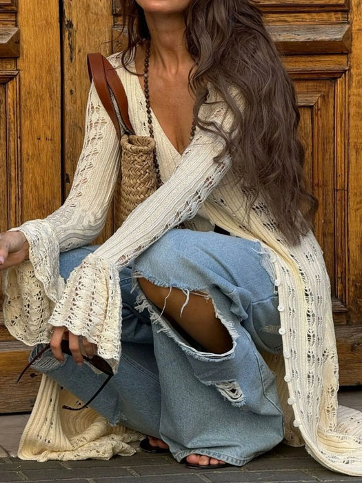 Ruffled Hem Openwork Longline Cardigan - Byyde