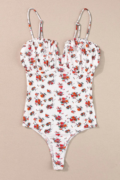 Floral Frilled Trim Spaghetti Straps Bodysuit - Byyde