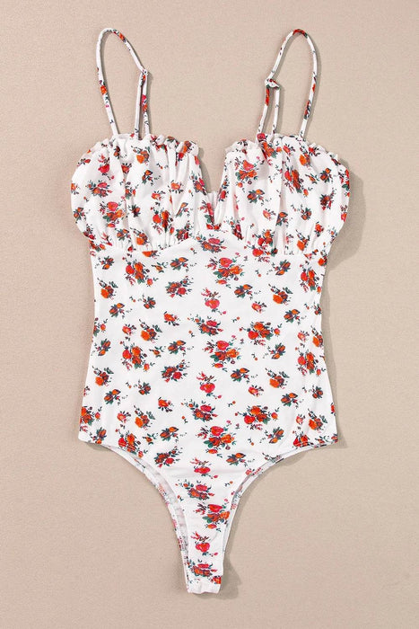 Floral Frilled Trim Spaghetti Straps Bodysuit - Byyde
