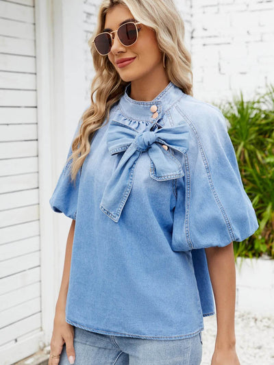 Denim Bow Tie Puff Sleeve Top - Byyde