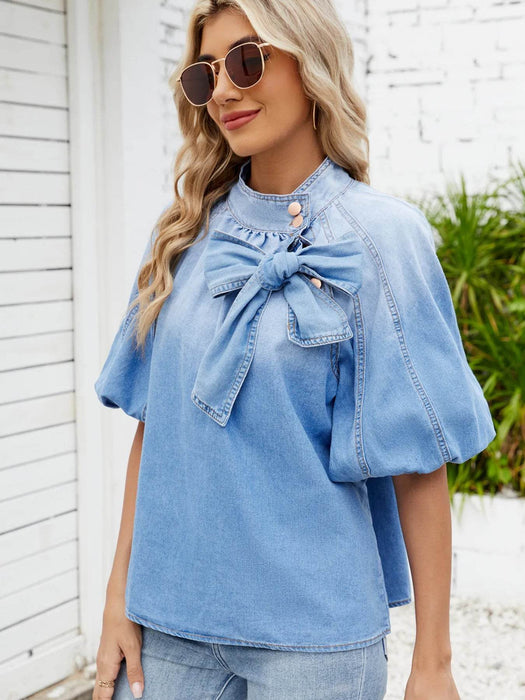 Denim Bow Tie Puff Sleeve Top - Byyde
