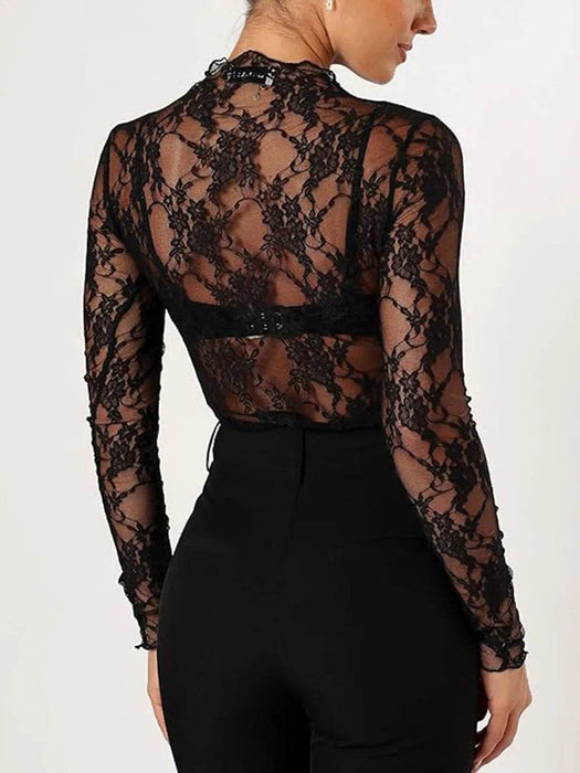 Floral Mock Neck Long Sleeve Mesh Top - Byyde