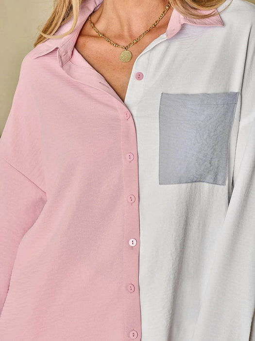 Color Block Oversized Button-Up Shirt with Chest Pocket - Byyde
