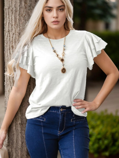 Ruffle Sleeve Round Neck Top - Byyde