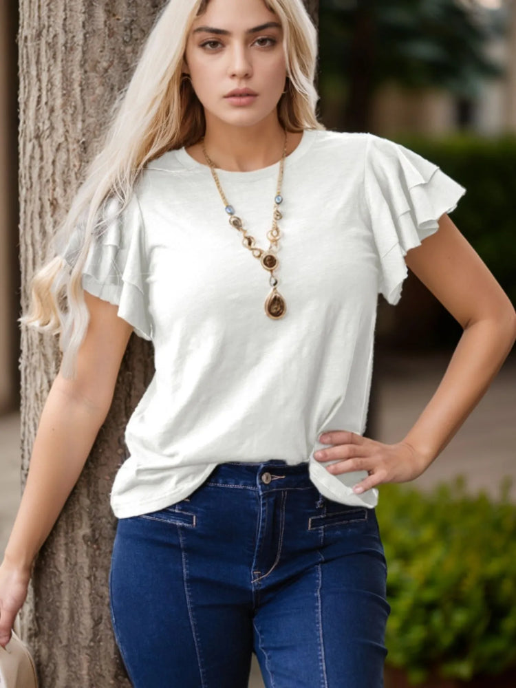 Ruffle Sleeve Round Neck Top - Byyde